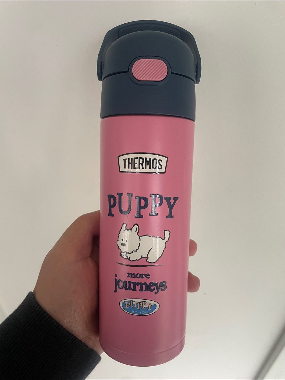 Thermos Pink Travel Bottle with Navy Lid and Puppy Graphic